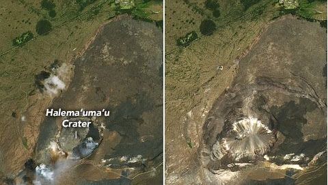 Las fotos muestran el cambio en la caldera de la cumbre de Kilauea, de abril de 2018 a mayo de 2020.