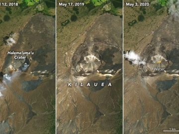 Las fotos muestran el cambio en la caldera de la cumbre de Kilauea, de abril de 2018 a mayo de 2020.