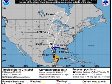 Avisos, advertencias y trayectoria para el centro de la tormenta Cristóbal.