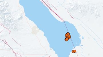 El mapa muestra el enjambre de sismos de Bombay Beach en el Mar de Salton al 10 de agosto de 2020.