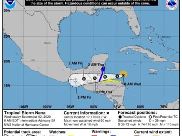 El pronóstico de tres días de la tormenta tropical Nana en su paso por Centroamérica.