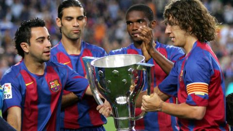 Xavi, Eto’o, Márquez y Puyol en el Barcelona en 2005.