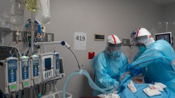 Los miembros del personal médico trabajan para instalar un circuito de ventilador en la garganta de un paciente por COVID-19 en una unidad de cuidados intensivos.