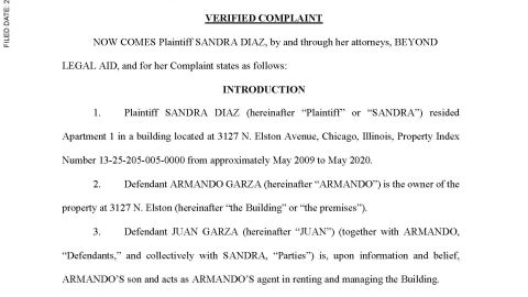 La primera página de la demanda que Sandra Díaz interpuso contra Armando y Juan Garza. (Condado de Cook)