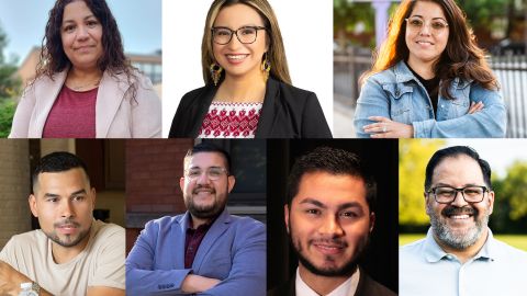 Candidatos a la junta escokar de Chicago; arriba, por el distrito 7, Raquel Don, Yesenia López y Eva Villalobos. Abajo, Jason Dónes, Carlos Rivas (distrito 3), Félix Ponce y Ángel Gutiérrez (distrito 8). (Fotos tomadas de los webistes de los candidatos)