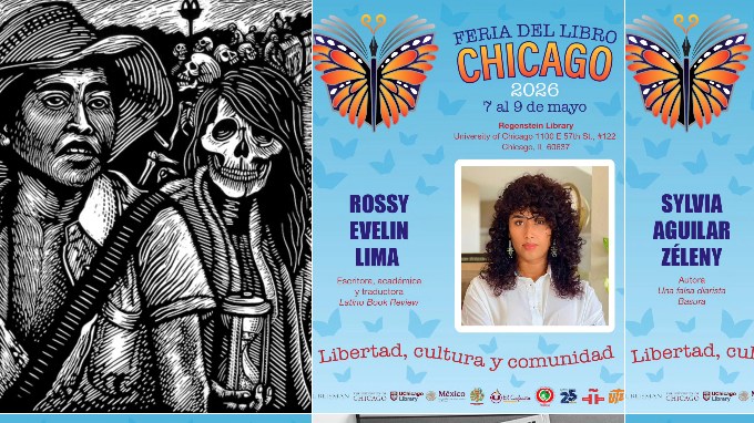 Algunos de los carteles promocionales de la Feria del Libro de Chicago 2026. (El BeiSMan / Instagram)